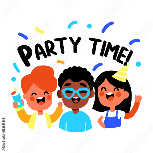 A flat sticker of excited characters with party time typography 
