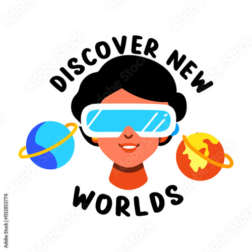 A flat sticker of a student wearing vr technology glasses with discover new worlds typography 