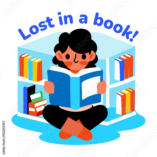 Book reading sticker of a character in flat style 
