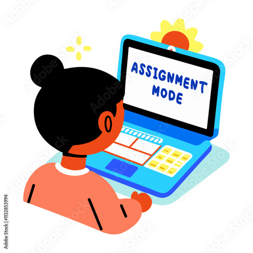 A flat sticker of a student working on laptop with assignment mode typography 