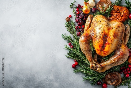 classic roasted turkey for christmas dinner featuring perfectly browned exterior and surrounded by colorful garnishes photo