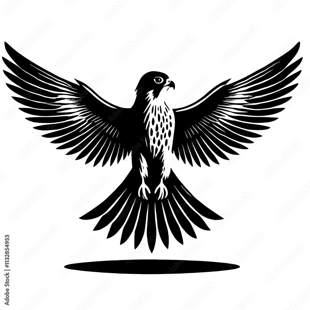 Obraz premium Black and white illustration of a falcon with wings spread.
