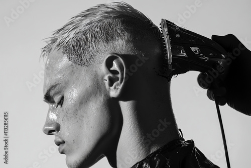 Photo of an attractive man being trimmed with clippers on a clean white background, showing a modern haircut. photo