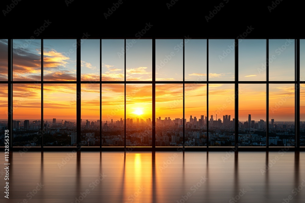 Fototapeta premium Un atardecer brillante visto a través de ventanas panorámicas, reflejando la ciudad en un suelo brillante.