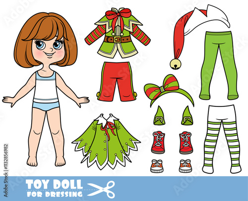 Cartoon brunette girl with short bob and clothes separately  -  New Year elf fancy dress costume constructor