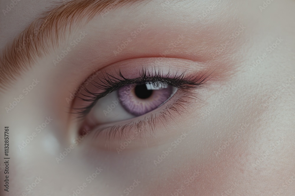 Obraz premium Close-up of a woman's eye with pale skin and lilac colored contacts, showcasing delicate makeup and long lashes.