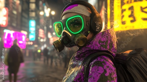 Cyberpunk woman in gas mask at night in a busy city. photo