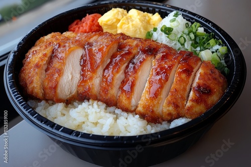  Un plato de pollo teriyaki servido con arroz, ensalada de cebolla verde y acompañamientos en un recipiente negro.

 photo