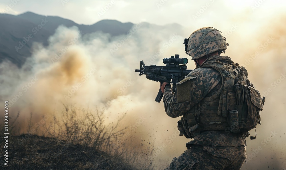 Fototapeta premium Camouflaged soldier firing rifle amidst dust and mountains.