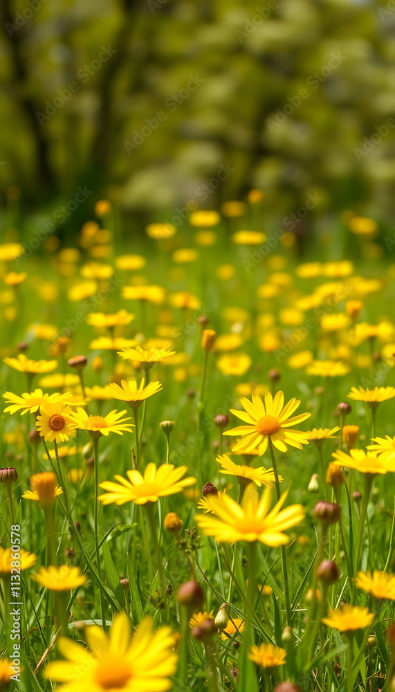Obraz premium Sunny meadow with yellow flowers, spring blossom background, isometry, with white tones
