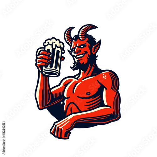 Red devil holding a mug of beer in a bold and playful design. High-quality isolated vector illustration, ideal for logos, bar branding, or themed merchandise.