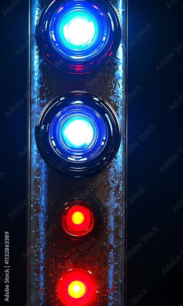 A vertical arrangement of illuminated traffic lights in red and blue against a dark background.