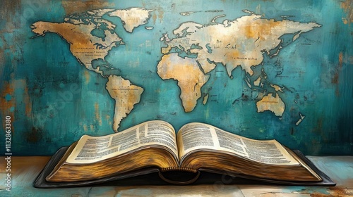 Conceptual visualization of evangelism with biblical teachings and world geography.