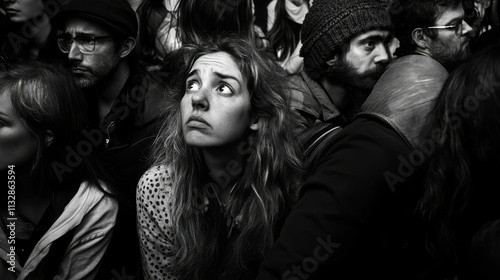 Woman's pensive face among a crowd.