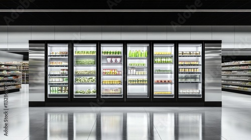 Retail display featuring glass door refrigerators for beverages.