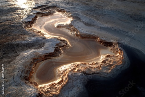 This stunning photograph captures unique glowing patterns formed by natural elements on the earth's surface, showcasing textured formations and mesmerizing light effects. photo