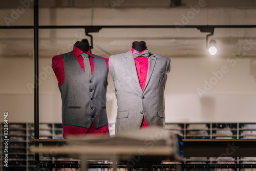 Two mannequins dressed in grey formalwear with red shirts, one featuring a vest and tie, the other a blazer with a bow tie, in a showroom setting. photo