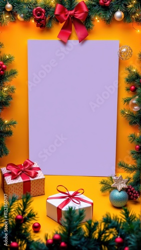 Create your festive greetings with a blank Christmas card mockup featuring colorful decorations and gifts on a cheerful backdrop