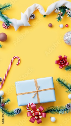 Create your perfect holiday card with this cheerful Christmas mockup featuring decorations and gift