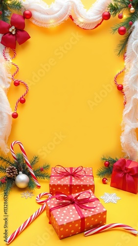 Festive Christmas mockup with vibrant yellow background and decorative elements for holiday card designs