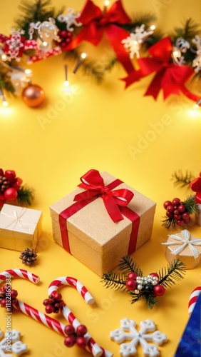 Festive Christmas mockup featuring gift boxes, candy canes, and holiday decorations on a vibrant yellow background
