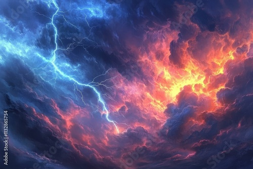 Fiery cloudscape, lightning splits vibrant sky. photo