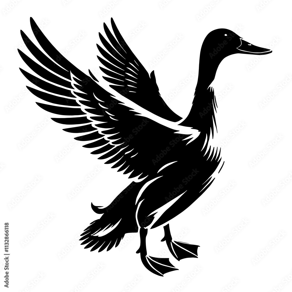 Obraz premium Black silhouette of a duck taking flight.