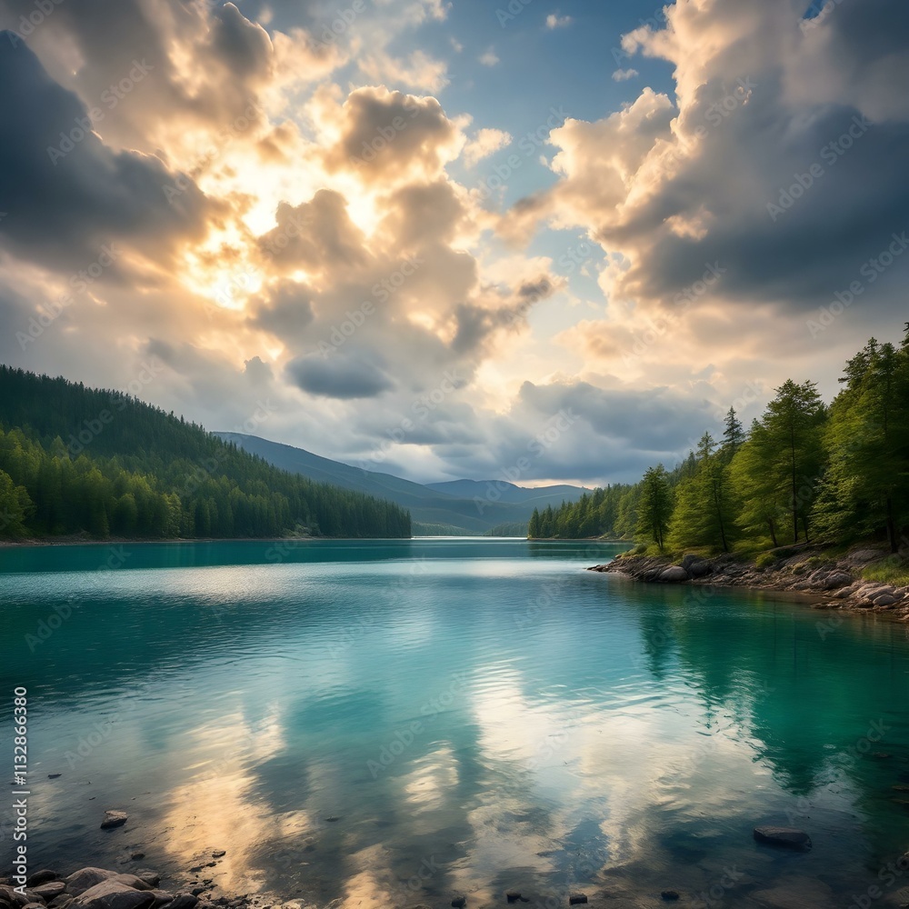 Naklejka premium Serene mountain lake & dramatic cloudy sky