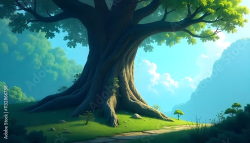a large old tree sheltering smaller trees in a forest