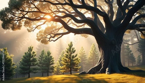 a large old tree sheltering smaller trees in a forest