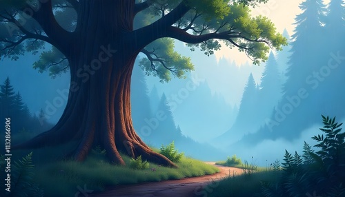 a large old tree sheltering smaller trees in a forest