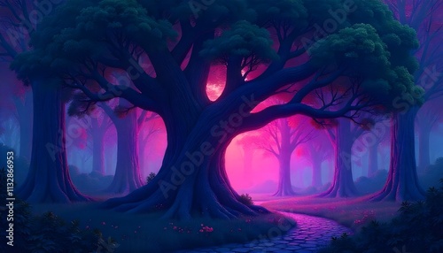 a large old tree sheltering smaller trees in a forest