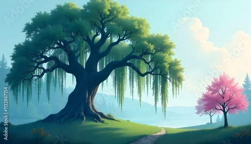 a large old tree sheltering smaller trees in a forest