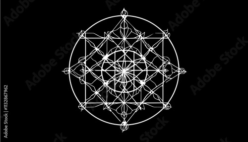 Intricate sacred geometry design featuring a complex mandala with mystical patterns on black background