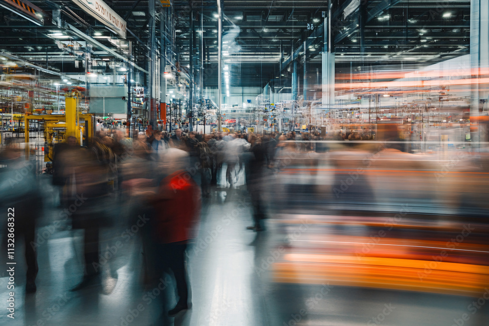 Obraz premium Exhibition blur background of convention hall event for business of tech expo, trade fair, passenger terminal or museum gallery lobby with blurry interior large corridor hallway white room empty space