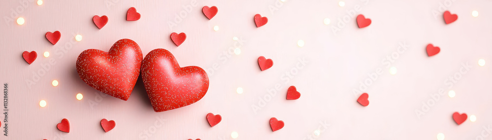 Fototapeta premium Two red hearts surrounded by smaller heart shapes on soft background create romantic atmosphere. Perfect for love themed designs