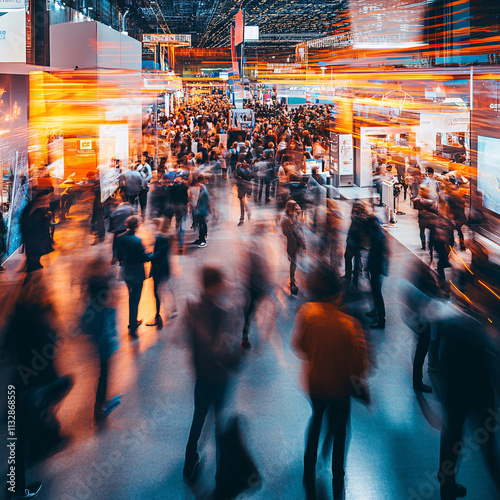 Exhibition blur background of convention hall event for business of tech expo, trade fair, passenger terminal or museum gallery lobby with blurry interior large corridor hallway white room empty space