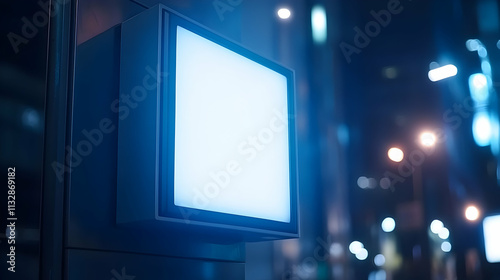 Illuminated blank square sign on building at night.