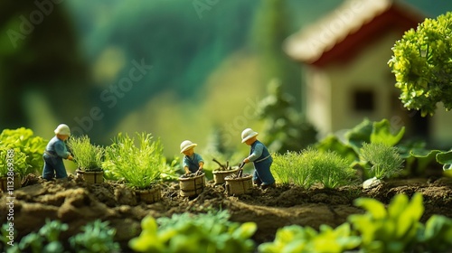 Tiny farmers tend to fennel plants against a verdant backdrop.  photo