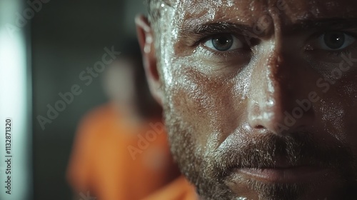 A man in orange prison attire gazes with intense focus forward, capturing themes of confinement, inner strength, and unwavering determination in a stark setting. photo