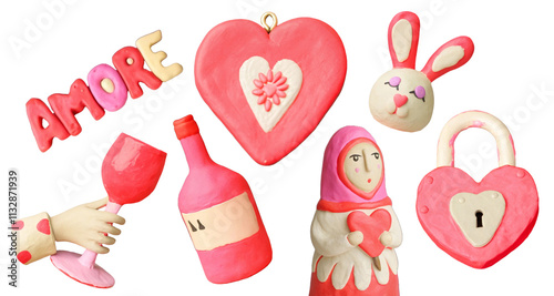 3d icon set of Valentine's day and love anniversary, Valentine's Day Concept - wine bottle, hand with glass, amore. Clay style childish hand made lovely elements. Raster on transparent background. PNG