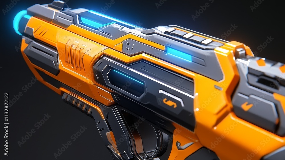 Naklejka premium A futuristic, stylized handgun with orange and blue accents, emphasizing design and technology.