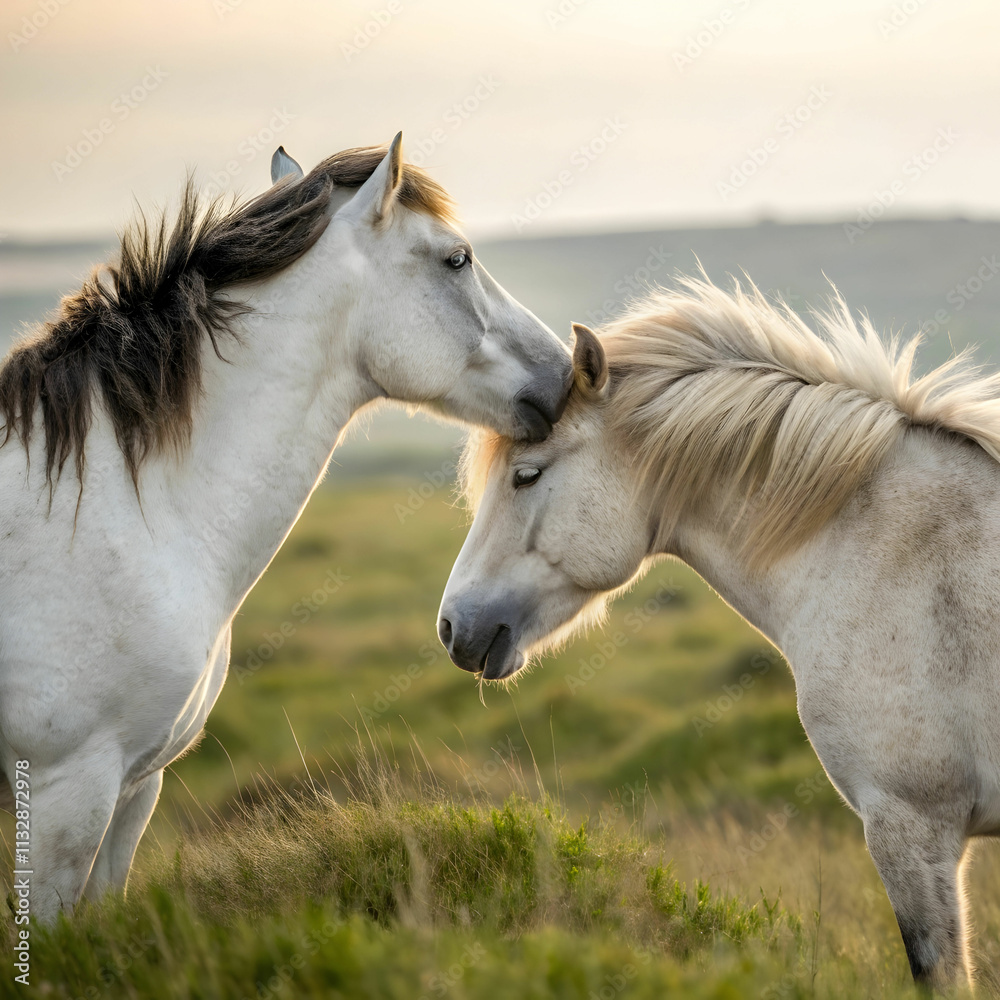 Obraz premium two adult horses touching heads together in affect