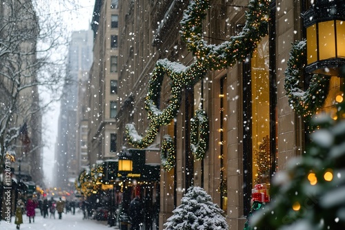 magical christmas scene on snowy streets of new york city with strings of warm white lights wrapped around lampposts