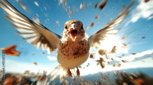 A solitary bird is captured soaring through a clear blue sky surrounded by debris, symbolizing resilience and determination in the face of adversity. photo