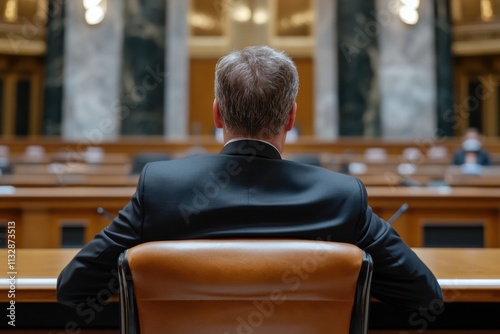 A man sits in a formal hearing room, gazing towards the front, embodying the focus and intensity of important discussions or legislative processes. photo