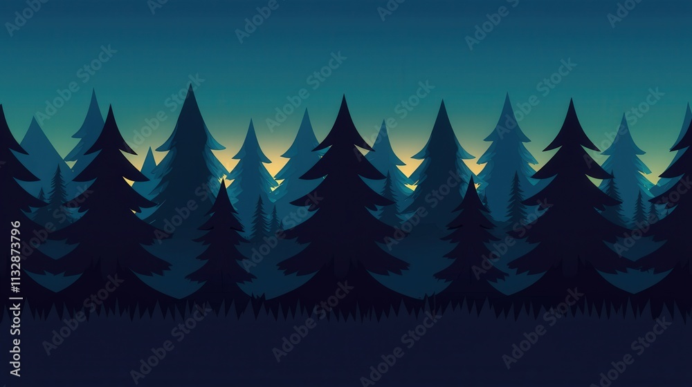Obraz premium A serene, minimalist digital illustration of a dark forest at dusk, featuring tall evergreen trees silhouetted against a gradient sky.