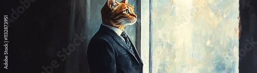 A man in a suit with a tiger head gazing out a window, artistic surrealism. photo