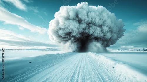 A dramatic explosion of snow and smoke on a deserted snowy road, illustrating the raw power and unpredictability of nature's elements in a vast landscape.