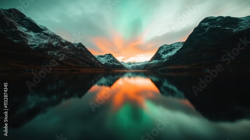 Breathtaking northern lights dance across the sky above snow-capped mountains and a calm lake, reflecting the vibrant colors and transcendent beauty of nature. photo